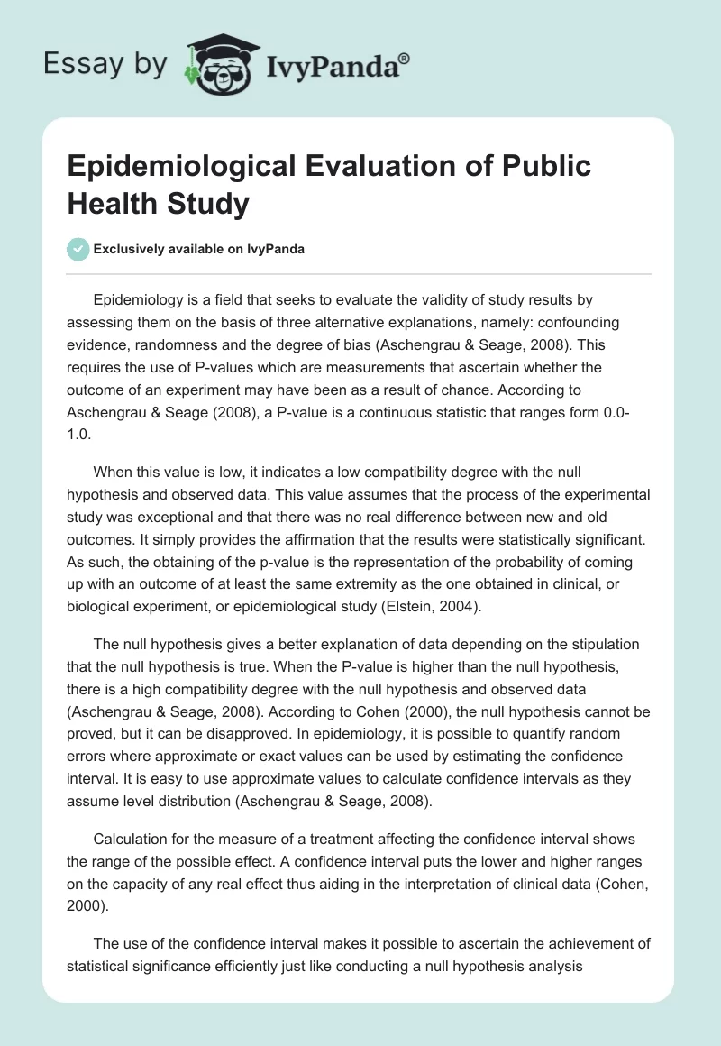 Epidemiological Evaluation of Public Health Study. Page 1