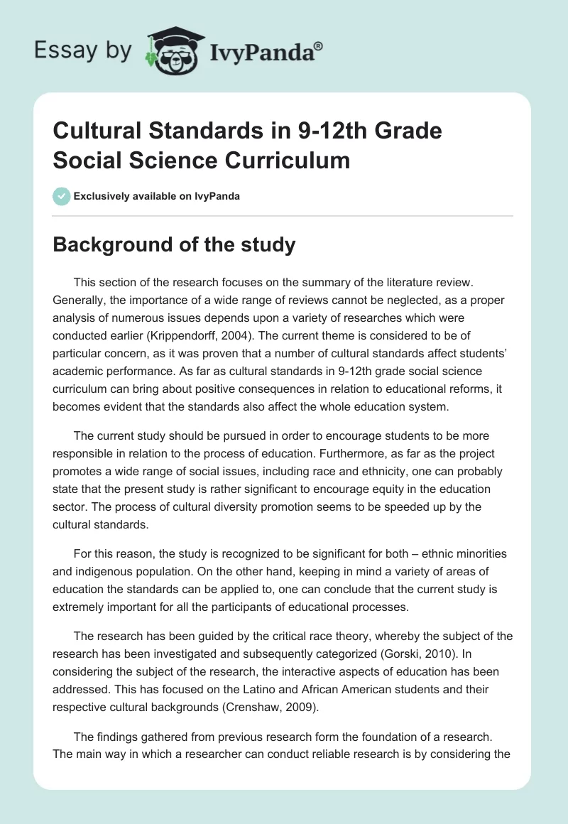 Cultural Standards in 9-12th Grade Social Science Curriculum. Page 1