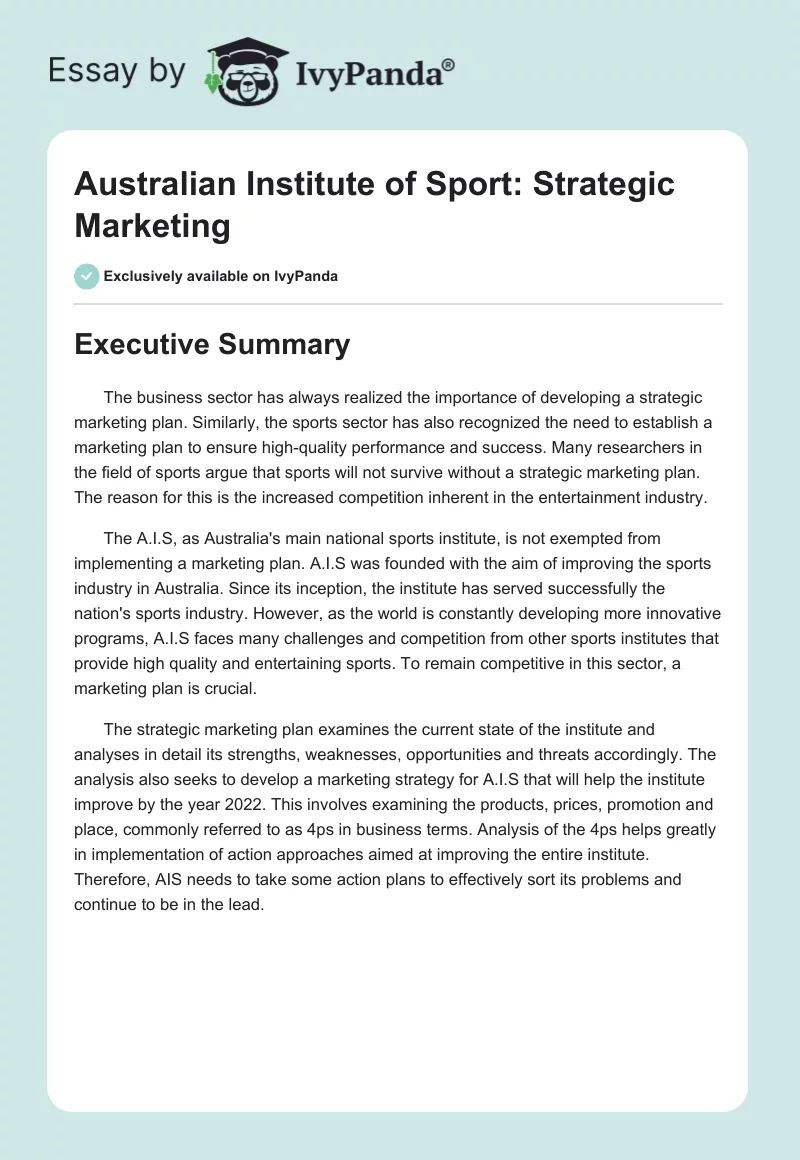 Australian Institute of Sport: Strategic Marketing. Page 1