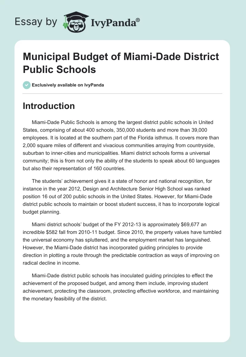 Municipal Budget of Miami-Dade District Public Schools. Page 1
