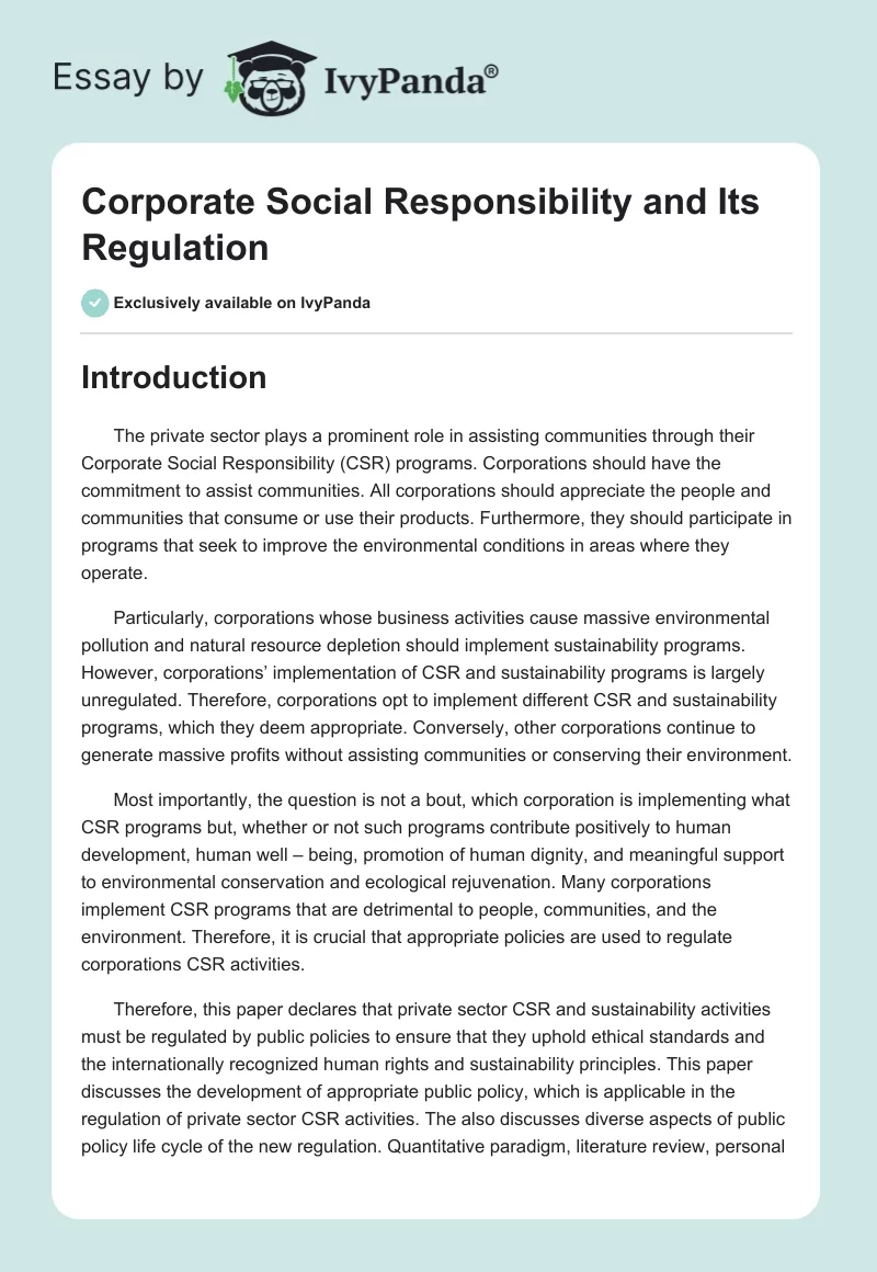 Corporate Social Responsibility and Its Regulation. Page 1