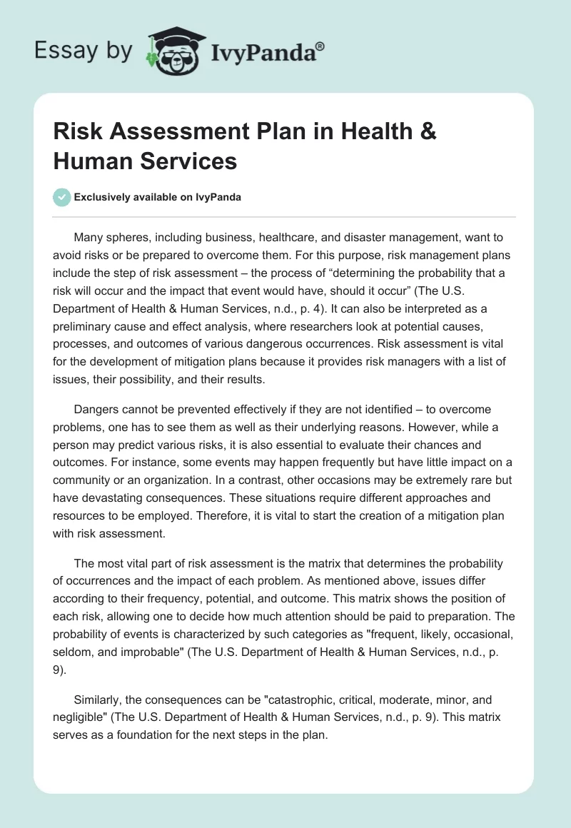 Risk Assessment Plan in Health & Human Services. Page 1