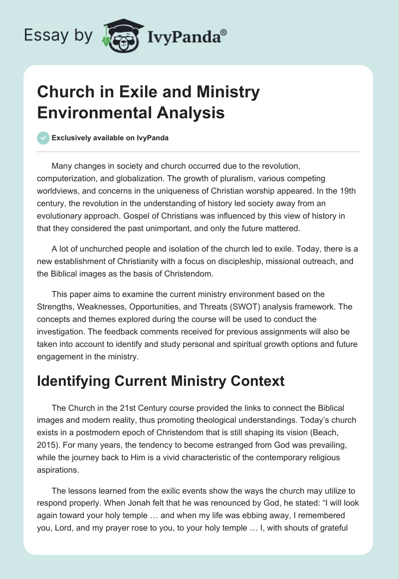 Church in Exile and Ministry Environmental Analysis. Page 1