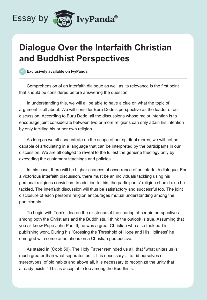 Dialogue Over the Interfaith Christian and Buddhist Perspectives. Page 1
