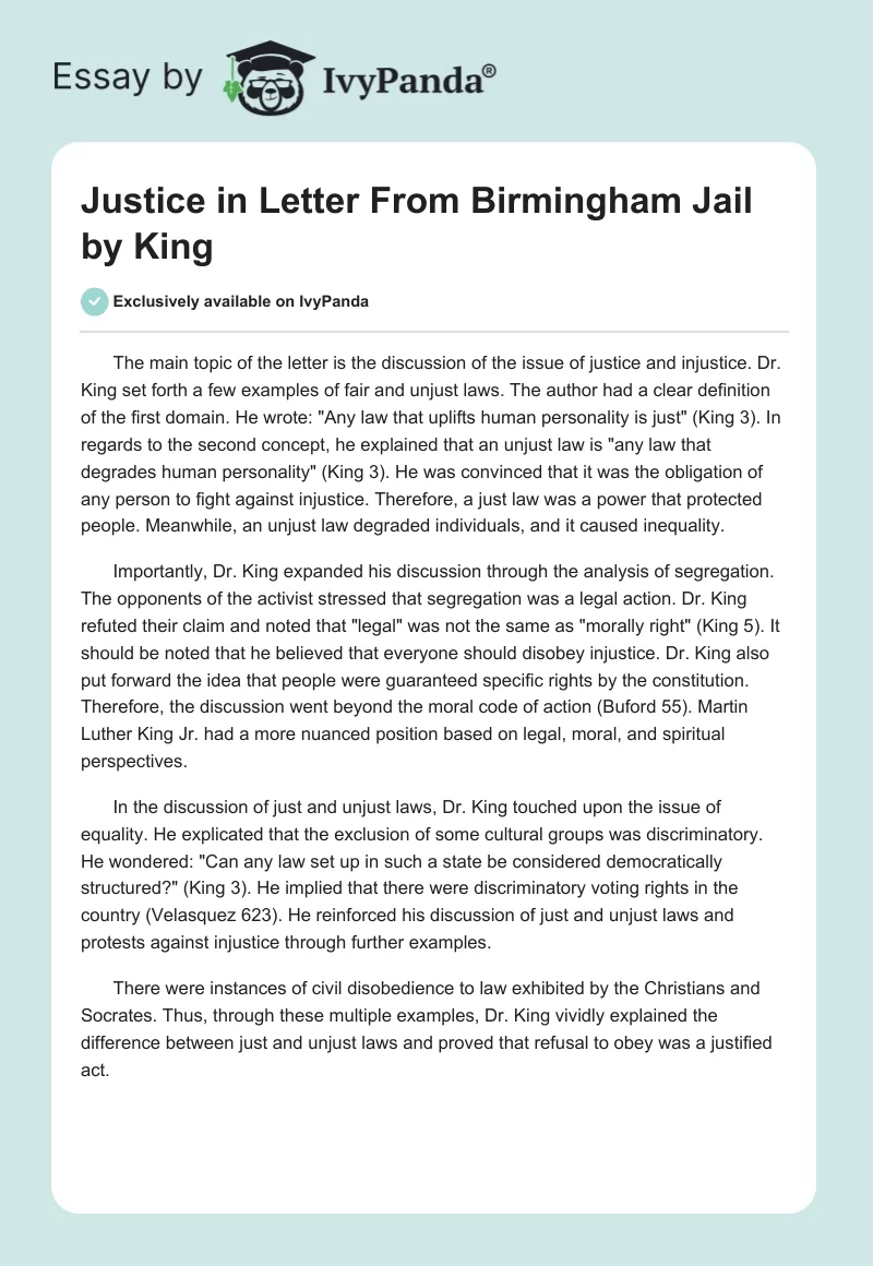 Justice in "Letter From Birmingham Jail" by King. Page 1