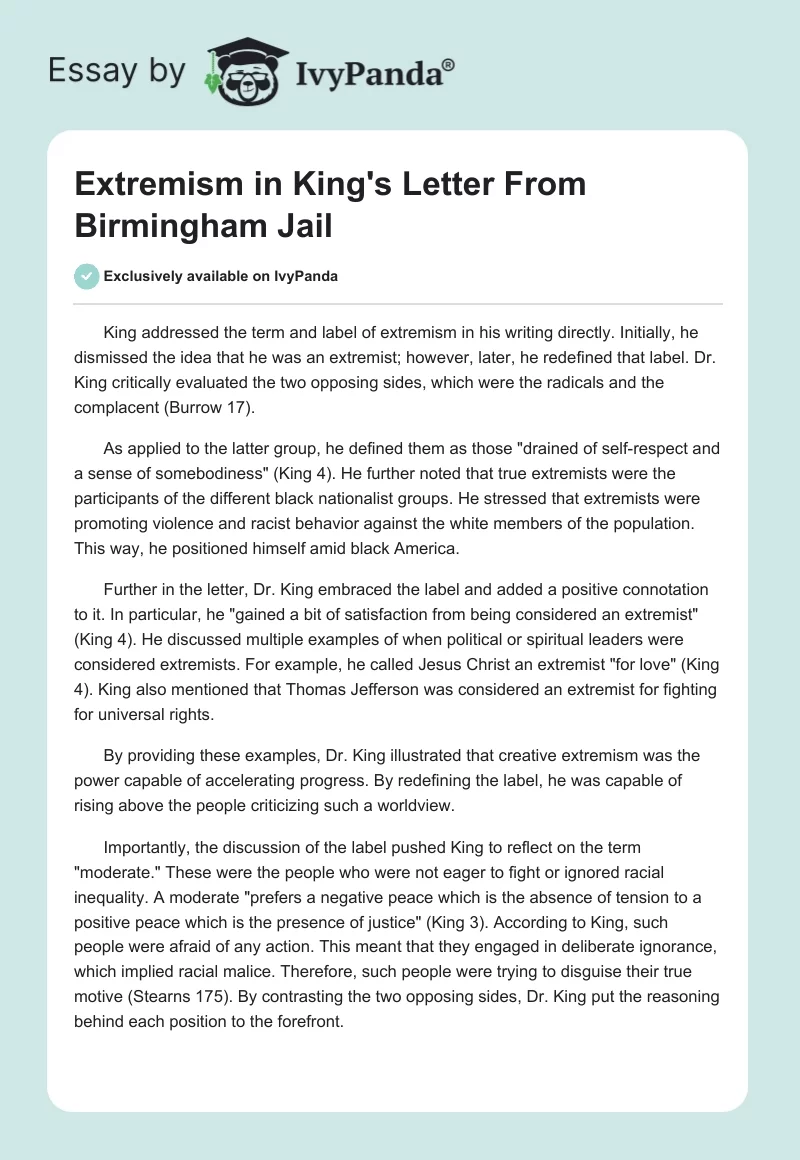Extremism in King's "Letter From Birmingham Jail". Page 1