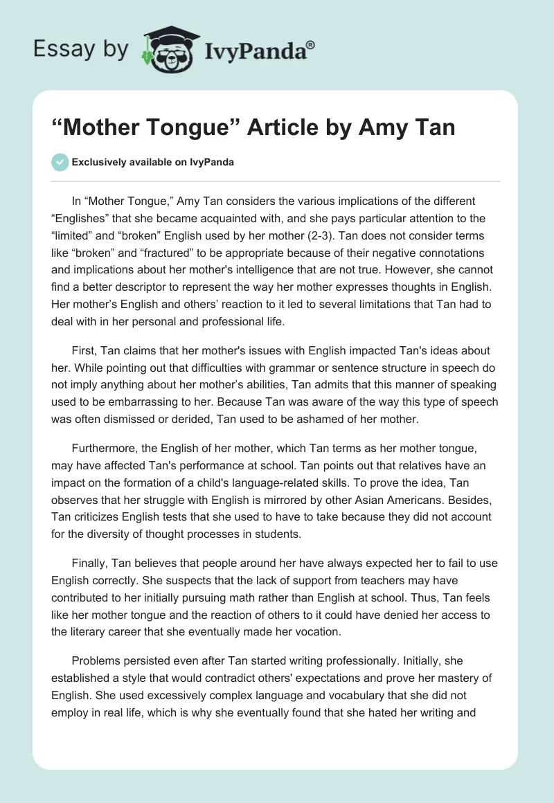 “Mother Tongue” Article by Amy Tan. Page 1