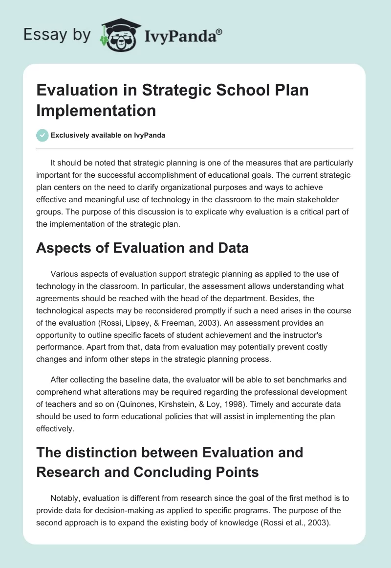 Evaluation in Strategic School Plan Implementation. Page 1