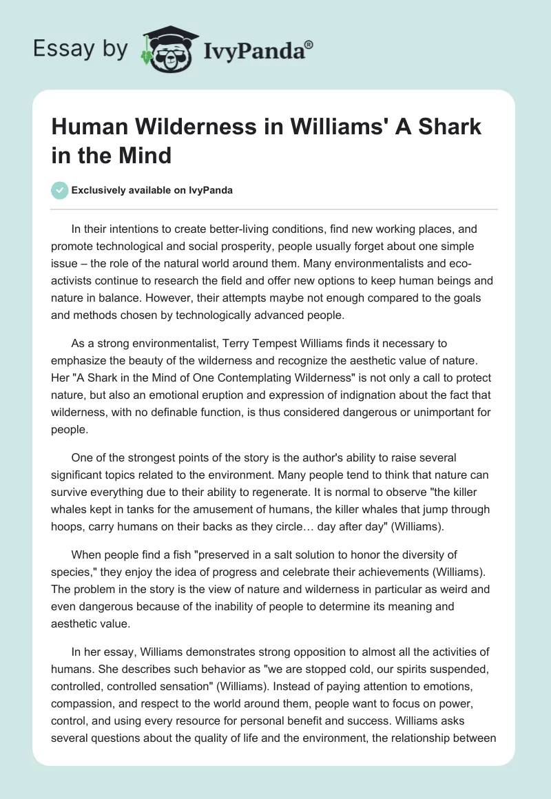 Human Wilderness in Williams' A Shark in the Mind. Page 1