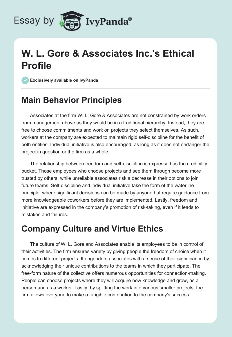 W. L. Gore & Associates Inc.'s Ethical Profile. Page 1