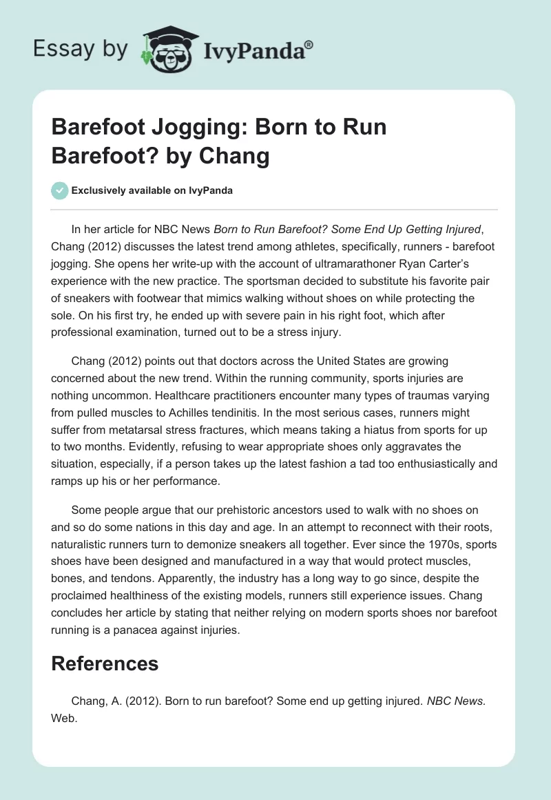 Barefoot Jogging: "Born to Run Barefoot?" by Chang. Page 1