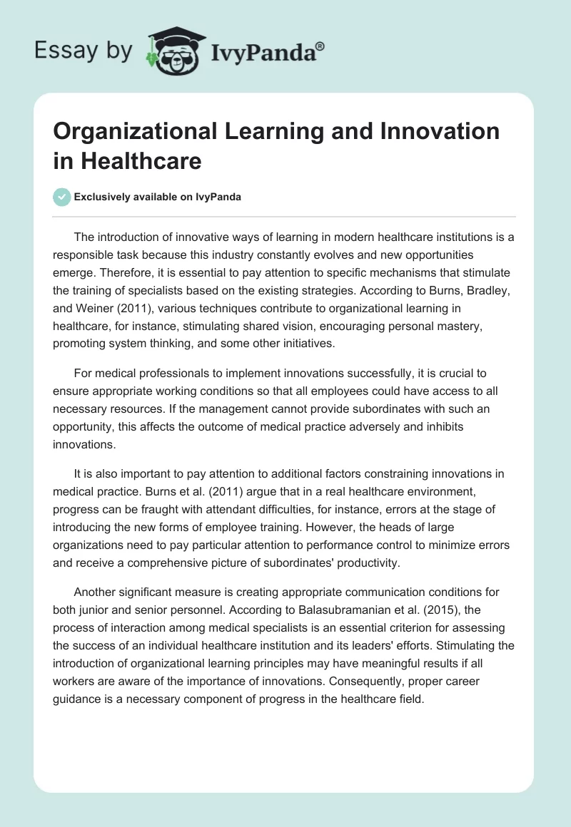 Organizational Learning and Innovation in Healthcare. Page 1