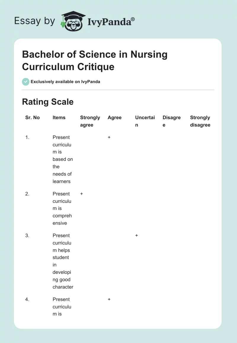 Bachelor of Science in Nursing Curriculum Critique. Page 1