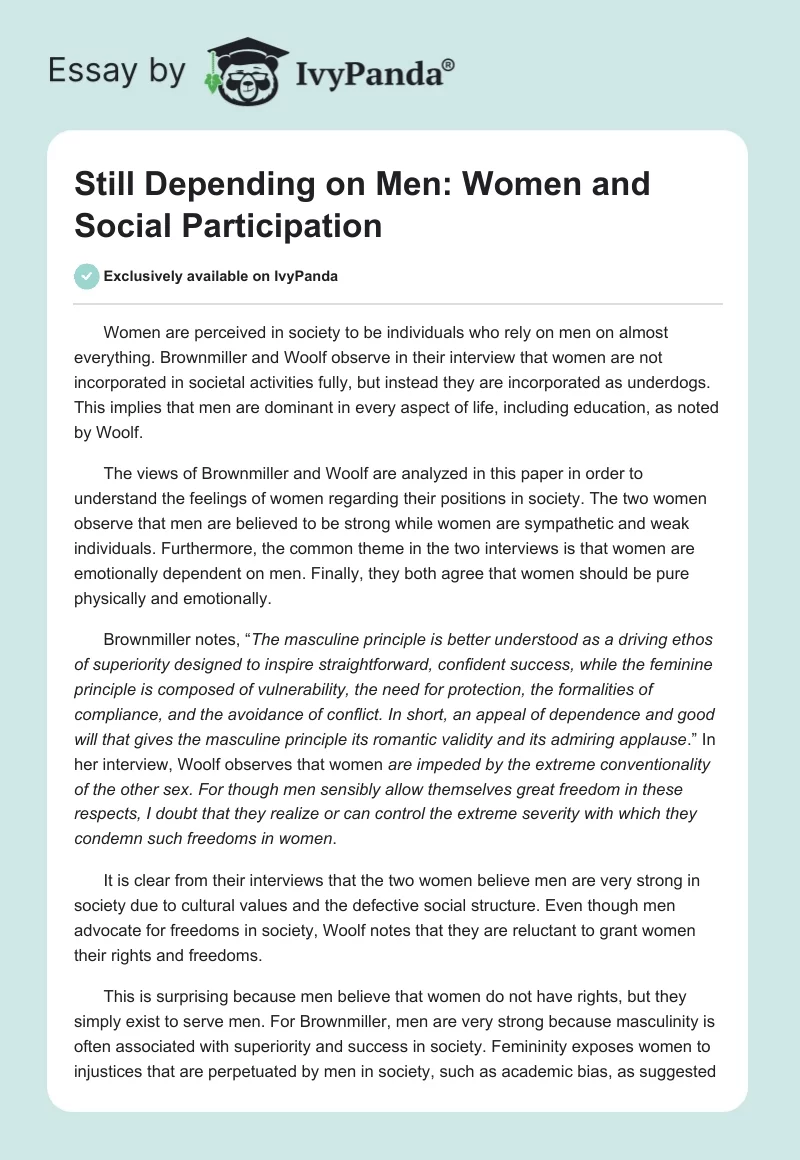 Still Depending on Men: Women and Social Participation. Page 1