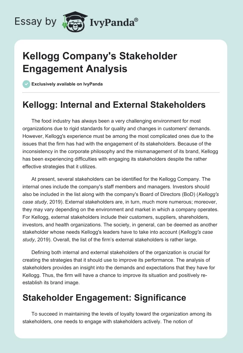 Kellogg Company's Stakeholder Engagement Analysis. Page 1
