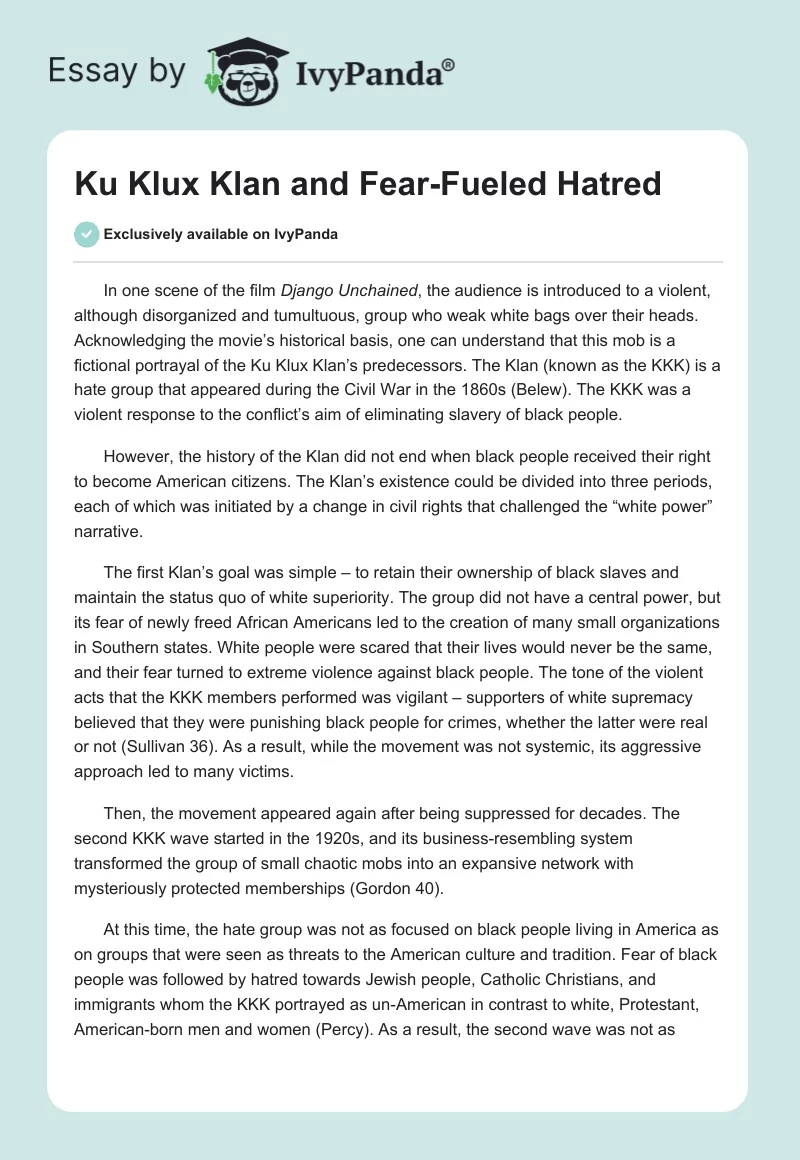 Ku Klux Klan and Fear-Fueled Hatred. Page 1