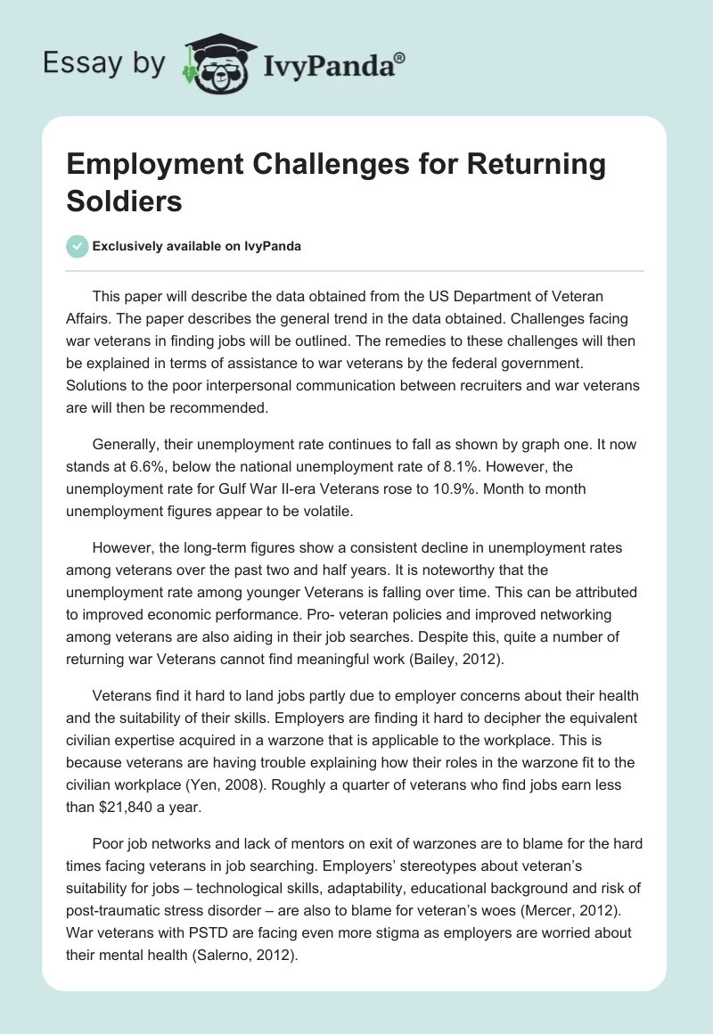 Employment Challenges for Returning Soldiers. Page 1