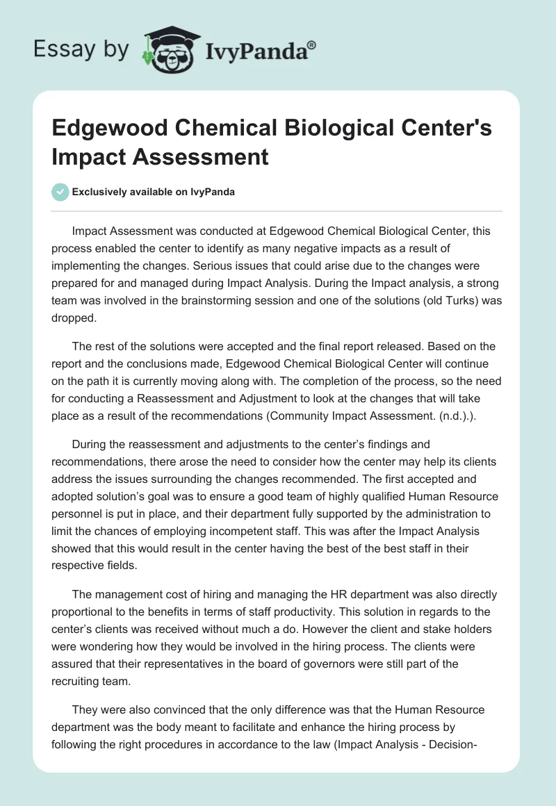 Edgewood Chemical Biological Center's Impact Assessment. Page 1