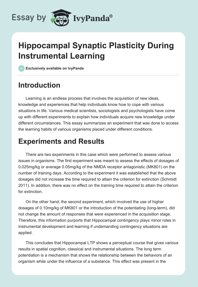 Hippocampal Synaptic Plasticity During Instrumental Learning. Page 1