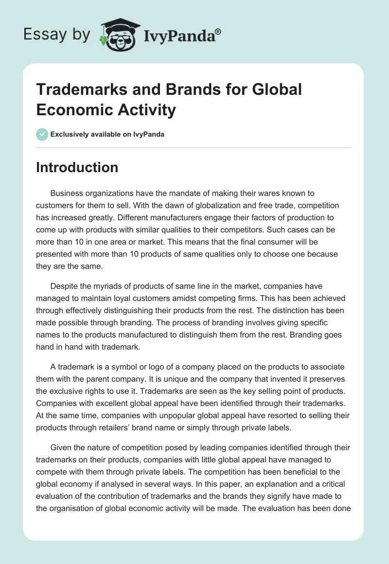Trademarks and Brands for Global Economic Activity. Page 1