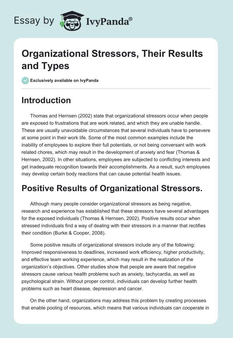 Organizational Stressors, Their Results and Types. Page 1