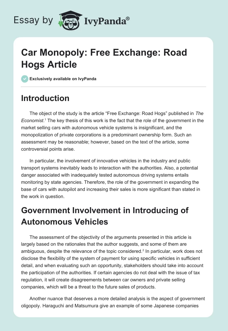 Car Monopoly: "Free Exchange: Road Hogs" Article. Page 1