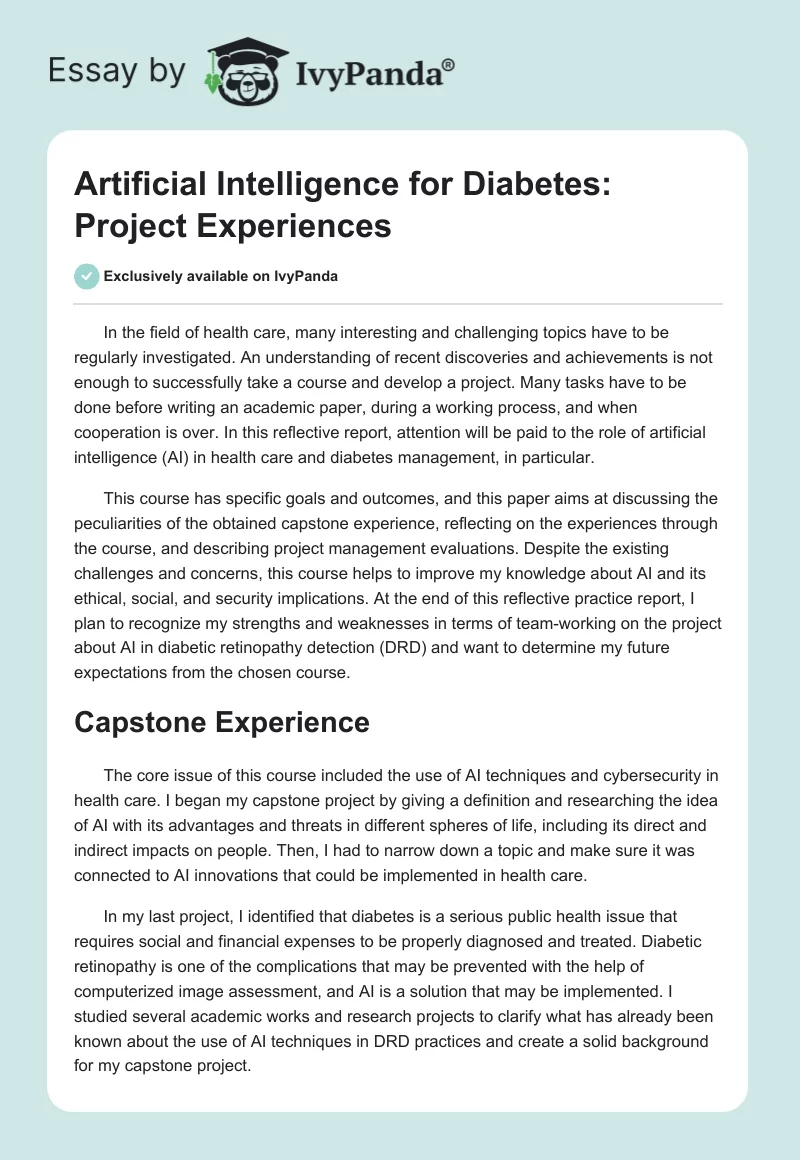 Artificial Intelligence for Diabetes: Project Experiences. Page 1