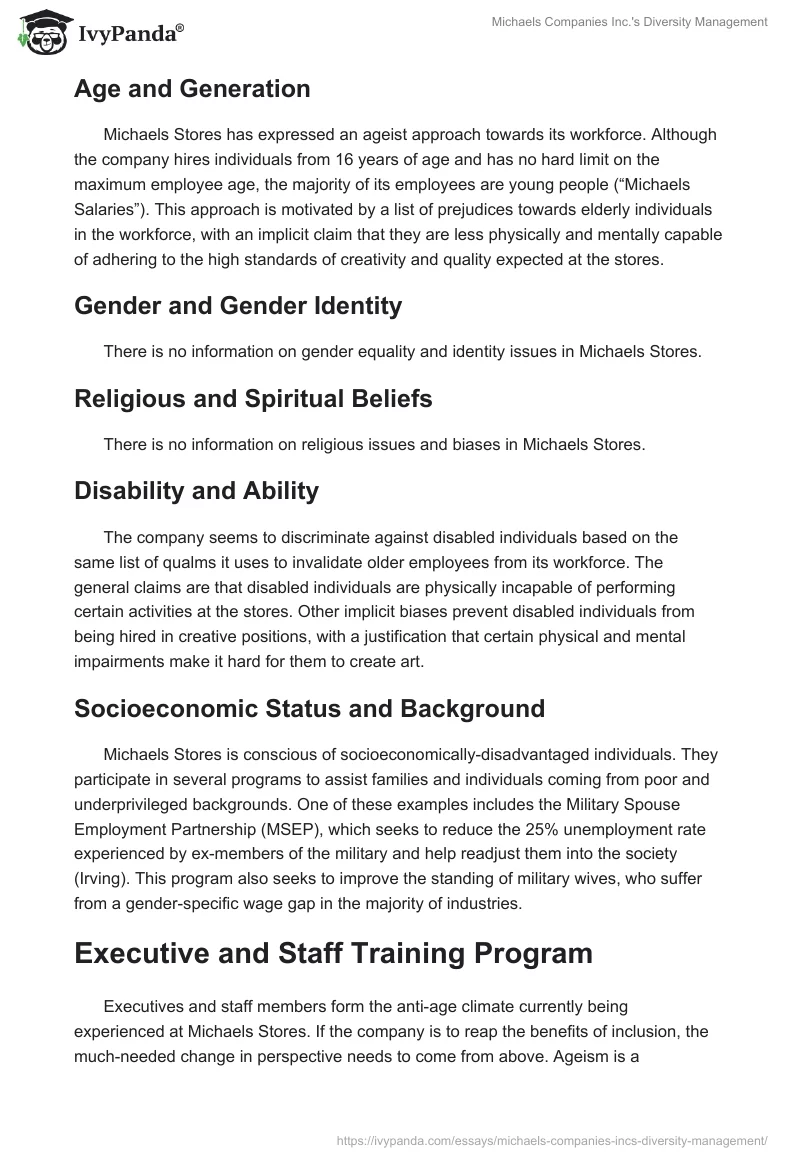 Michaels Companies Inc.'s Diversity Management. Page 2