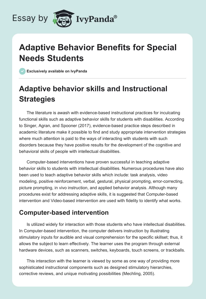 Adaptive Behavior Benefits for Special Needs Students. Page 1