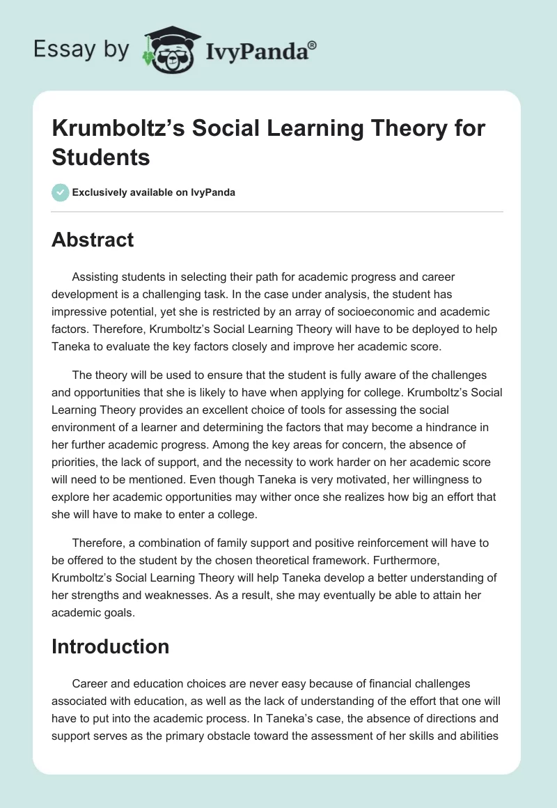 Krumboltz’s Social Learning Theory for Students. Page 1