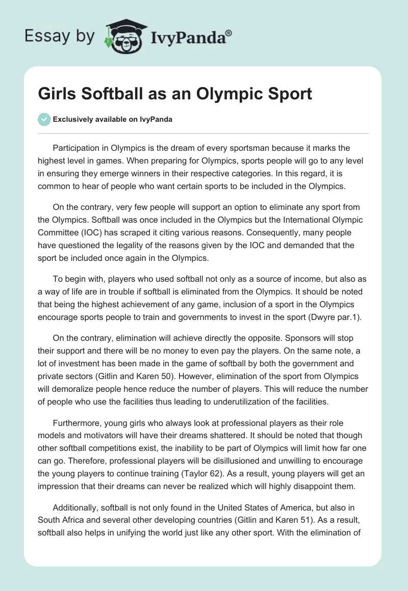 Girls Softball as an Olympic Sport. Page 1