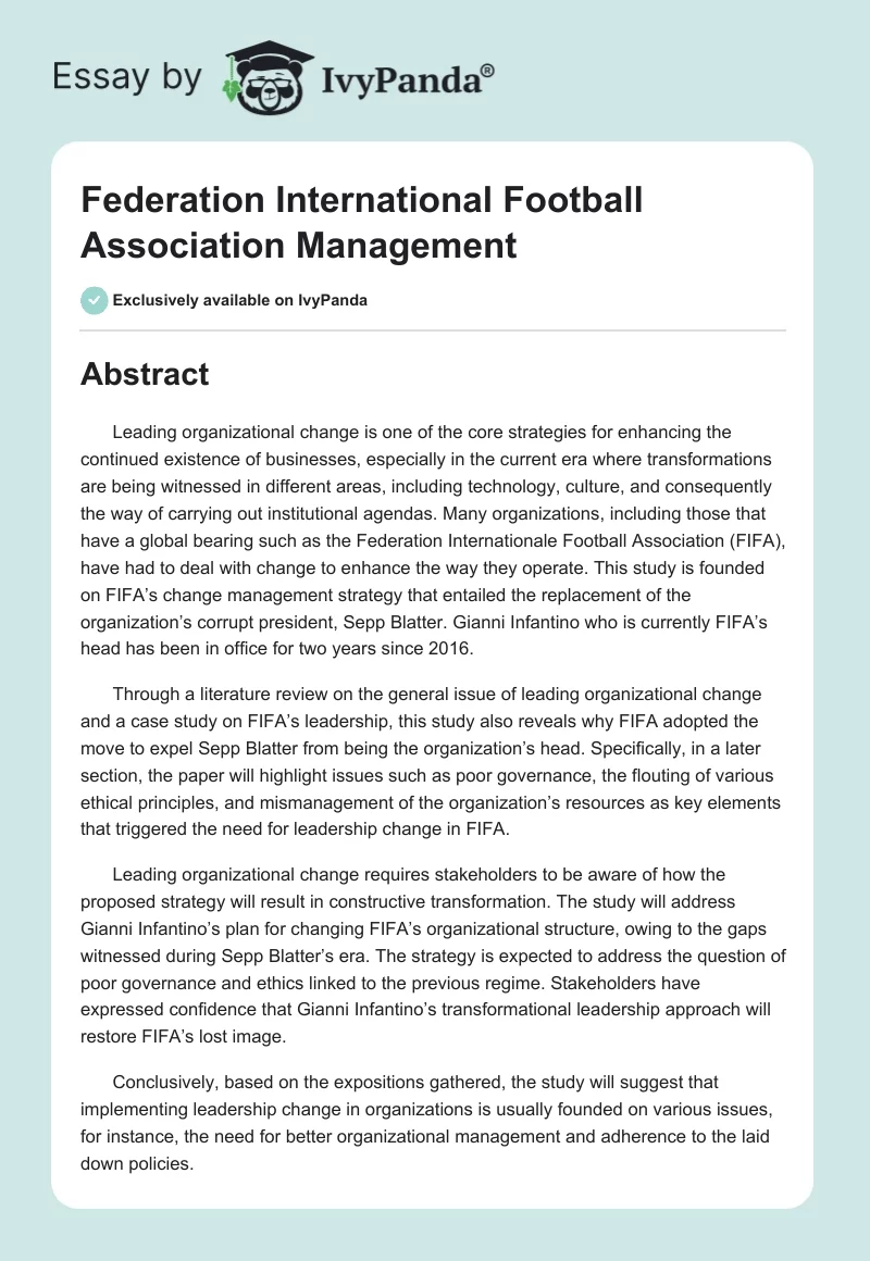 Federation International Football Association Management. Page 1