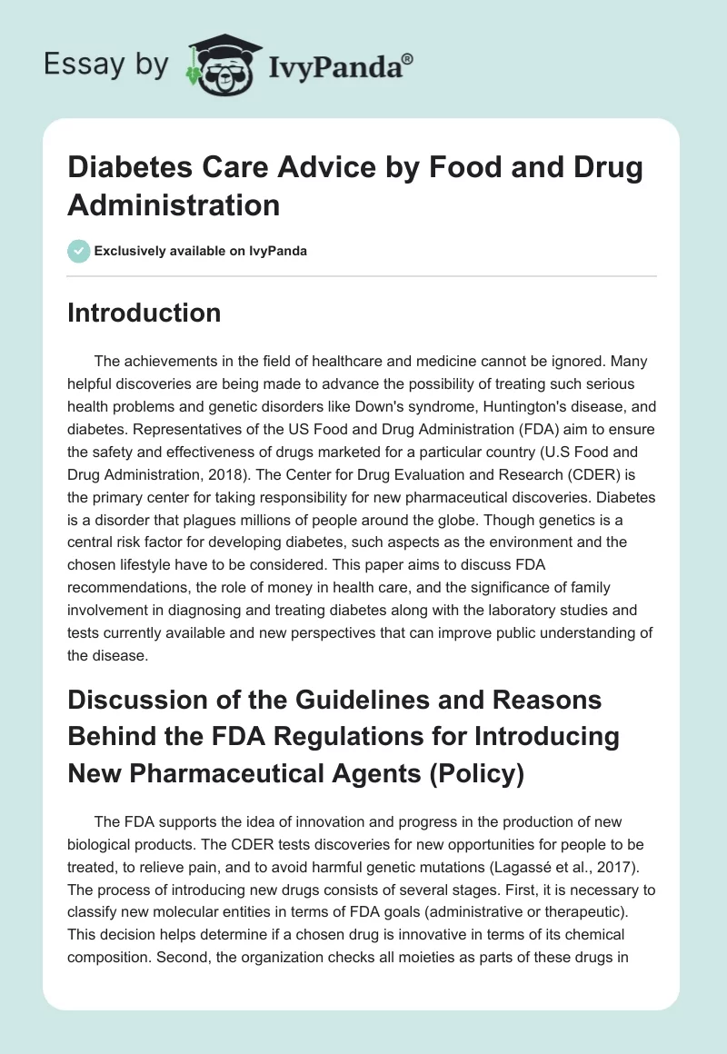 Diabetes Care Advice by Food and Drug Administration. Page 1