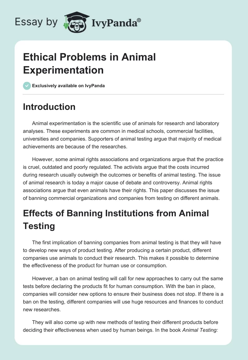 Ethical Problems in Animal Experimentation. Page 1