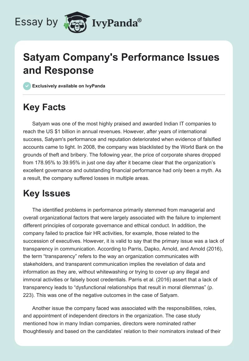 Satyam Company's Performance Issues and Response. Page 1