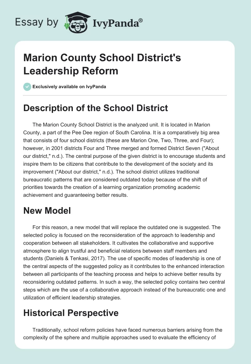 Marion County School District's Leadership Reform. Page 1