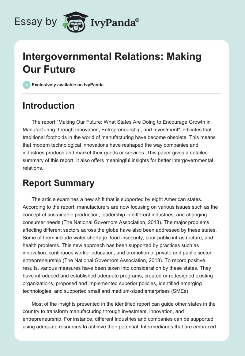 Intergovernmental Relations: "Making" Our Future. Page 1