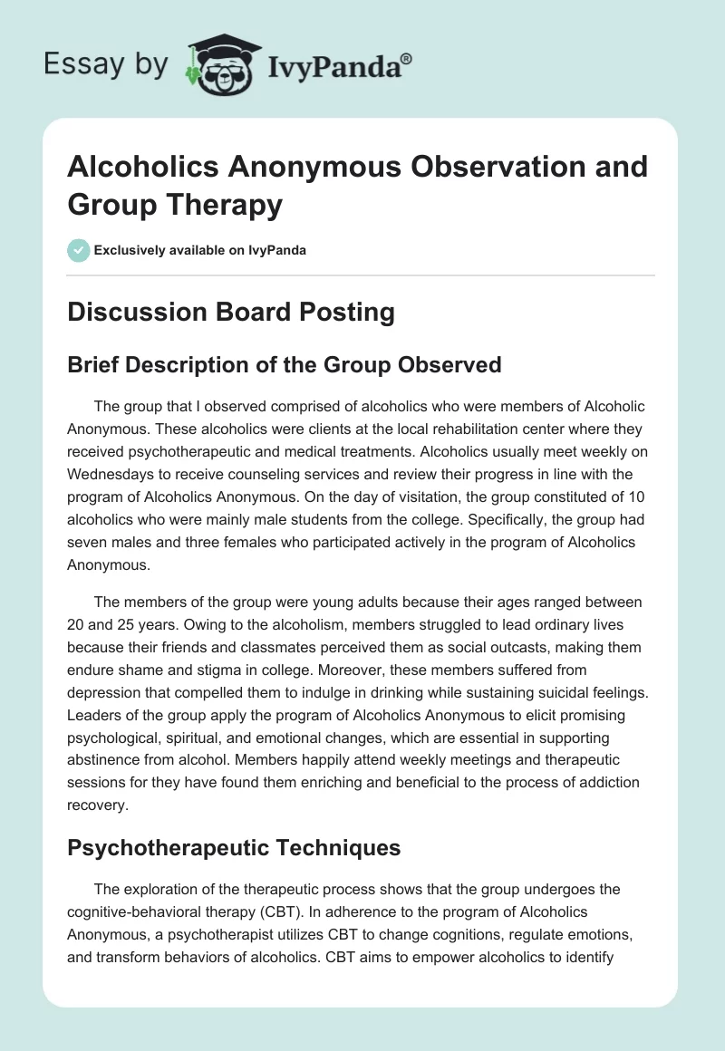 Alcoholics Anonymous Observation and Group Therapy. Page 1