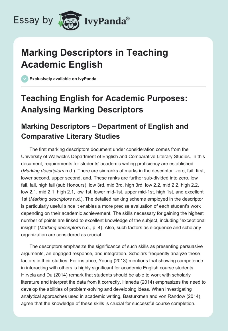 Marking Descriptors in Teaching Academic English. Page 1