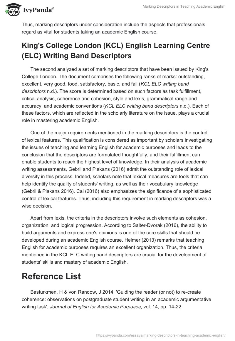 Marking Descriptors in Teaching Academic English. Page 2