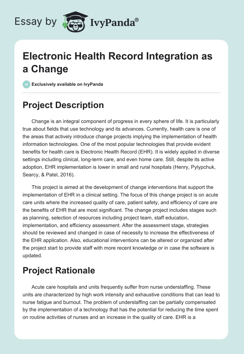Electronic Health Record Integration as a Change. Page 1