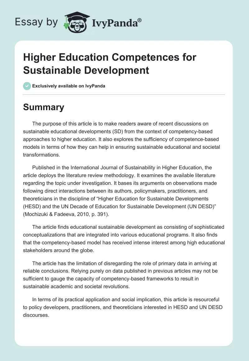 Higher Education Competences for Sustainable Development. Page 1