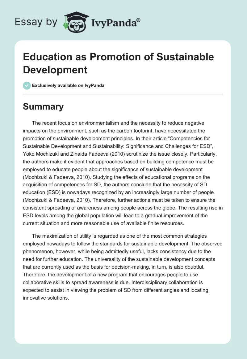 Education as Promotion of Sustainable Development. Page 1