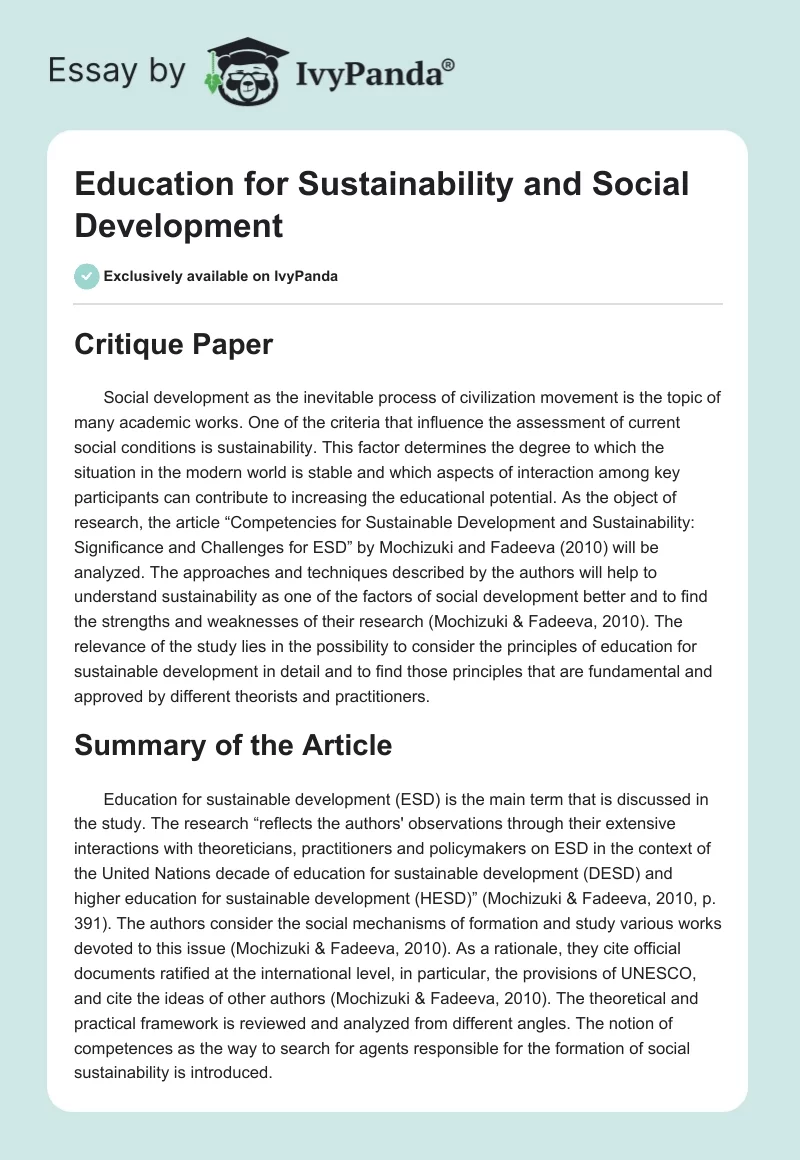 Education for Sustainability and Social Development. Page 1