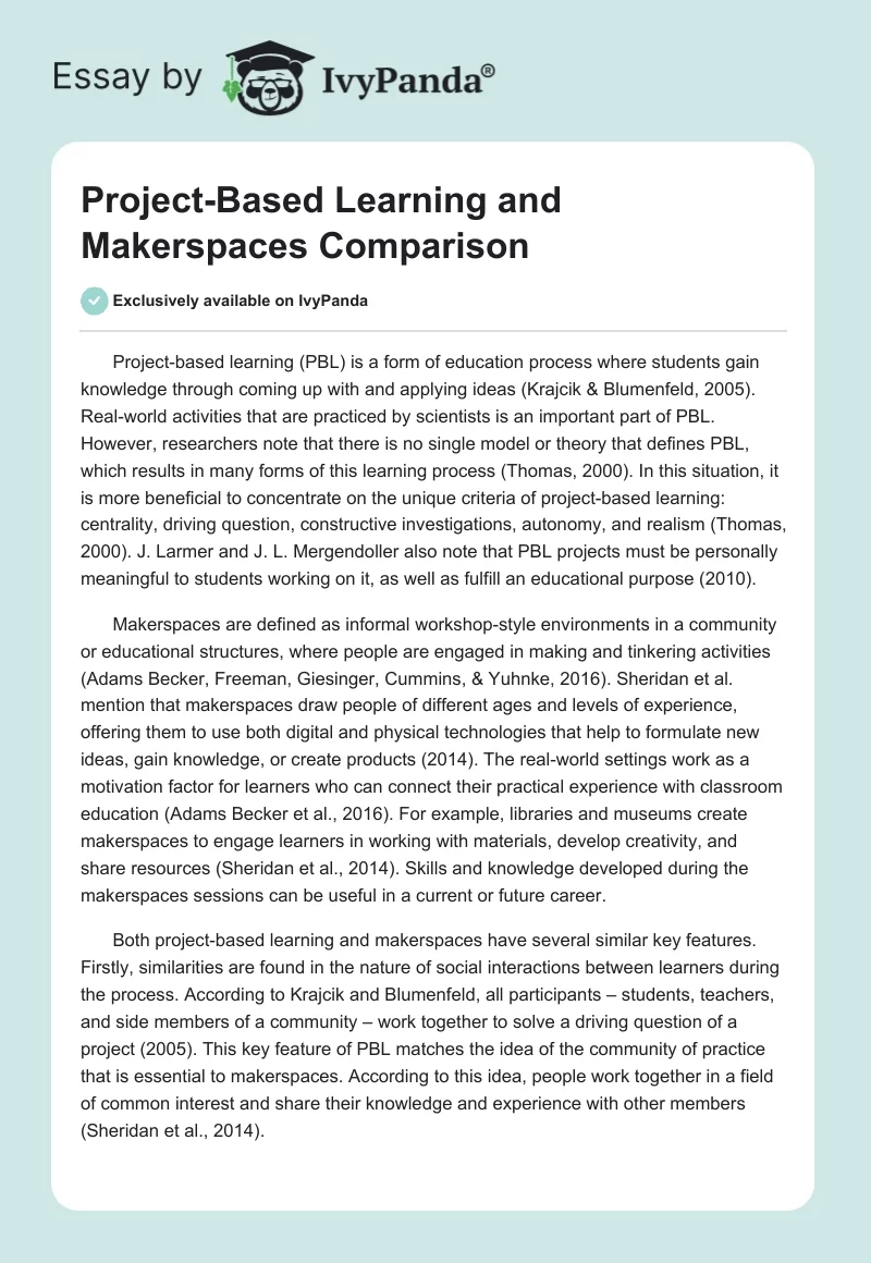 Project-Based Learning and Makerspaces Comparison. Page 1