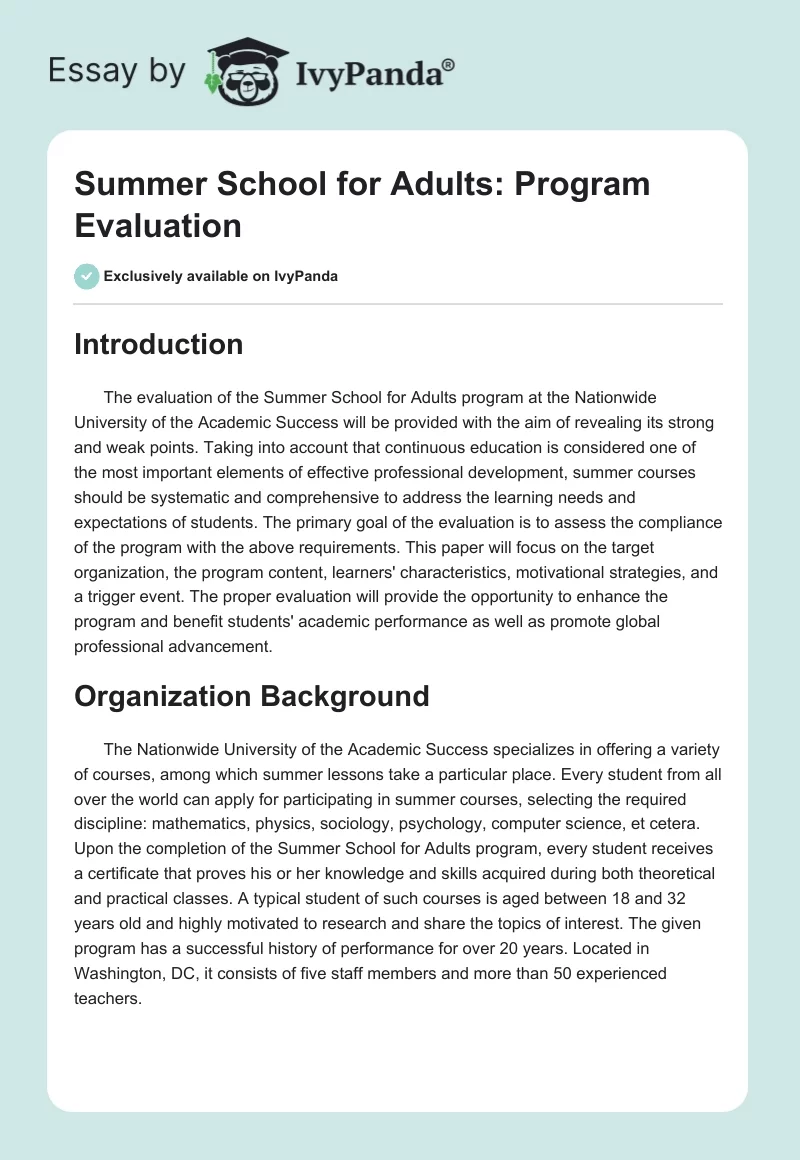 Summer School for Adults: Program Evaluation. Page 1