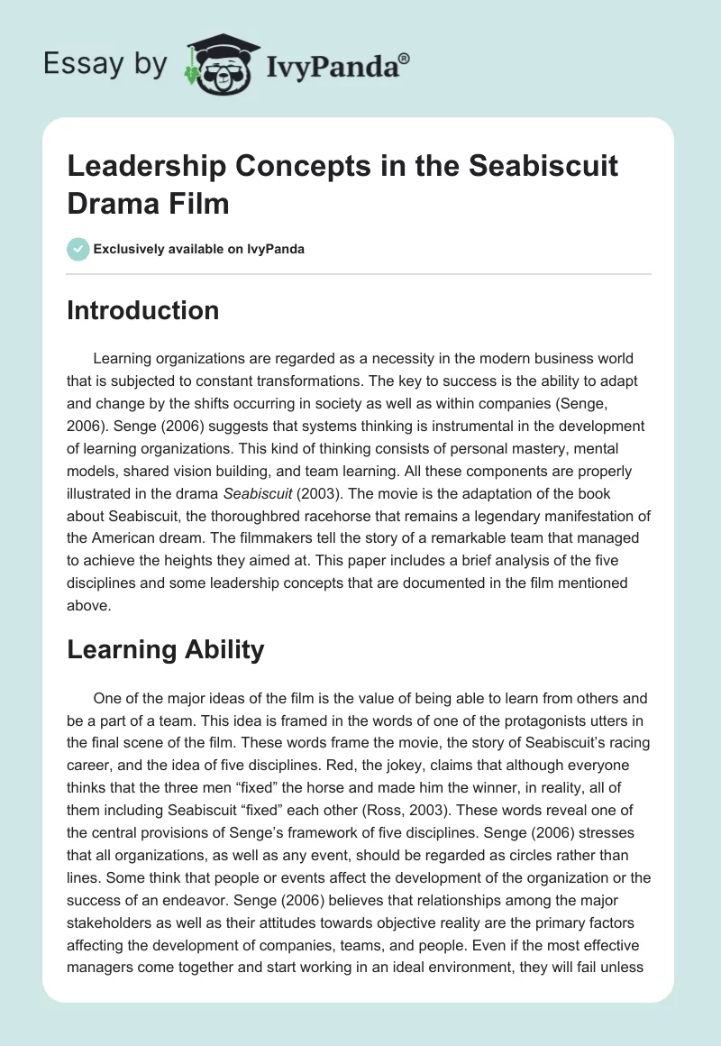 Leadership Concepts in the "Seabiscuit" Drama Film. Page 1