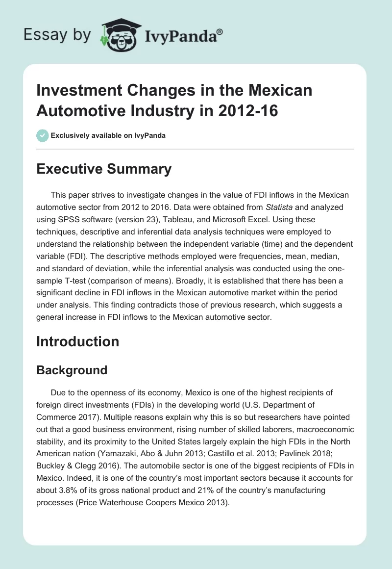 Investment Changes in the Mexican Automotive Industry in 2012-16. Page 1