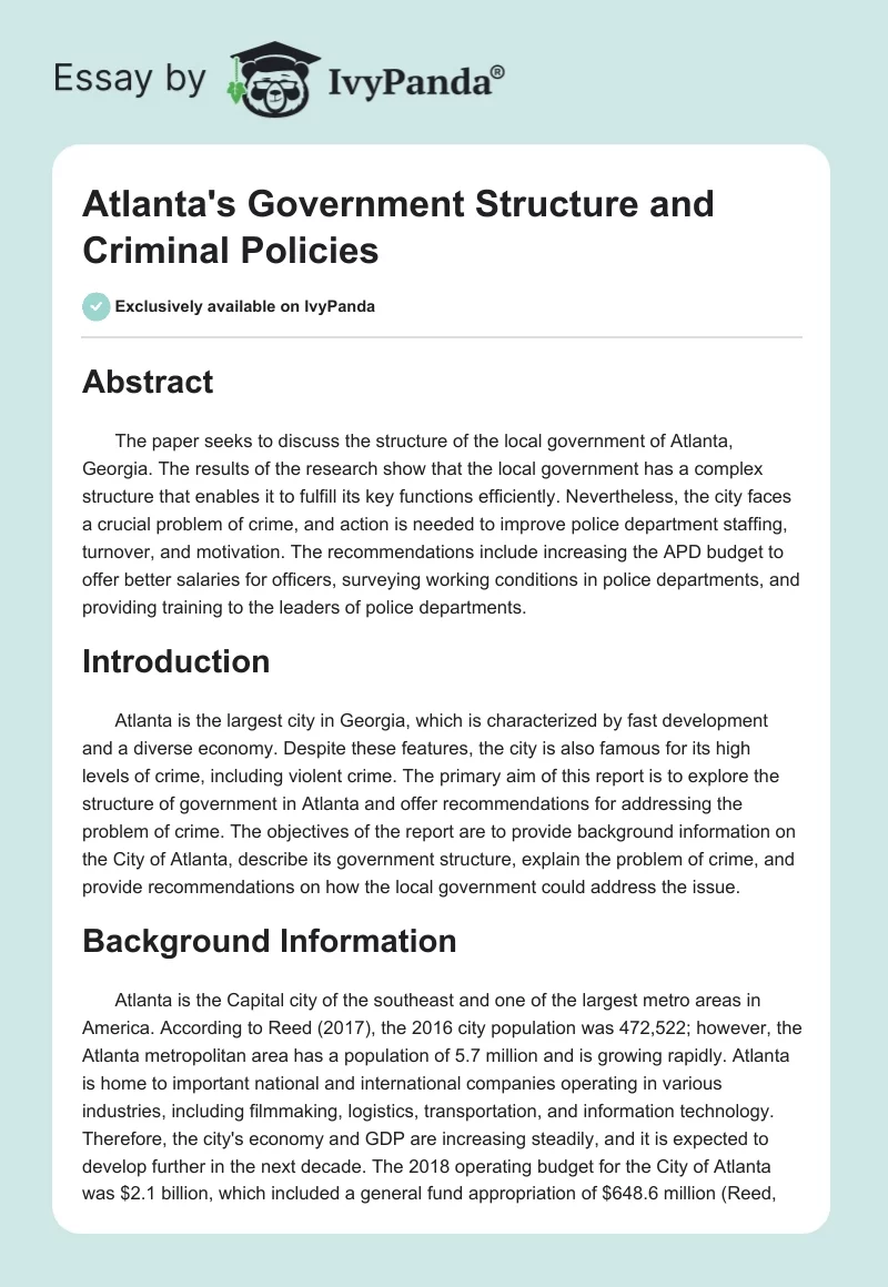 Atlanta's Government Structure and Criminal Policies. Page 1