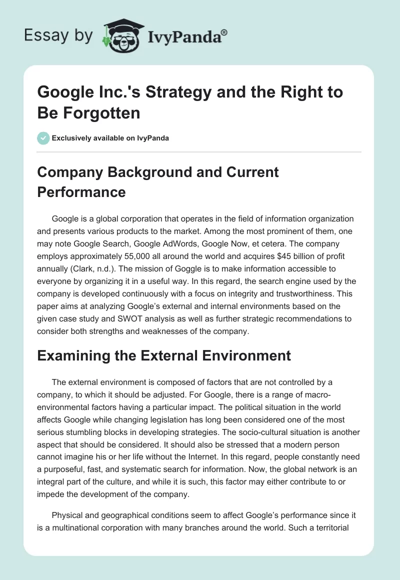 Google Inc.'s Strategy and the Right to Be Forgotten. Page 1